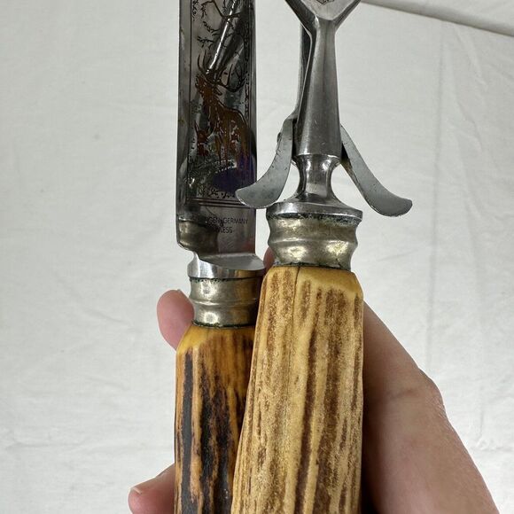 Solingen Germany Stainless Stag Antler Handle Etched Carving Knife Serving Fork - Picture 12 of 12